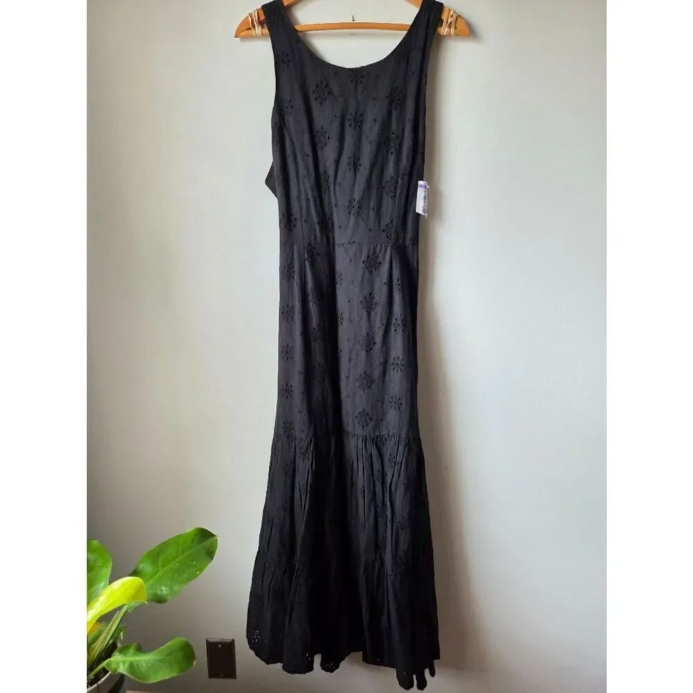 NWT BARDOT BLACK COTTON LINEN BLEND TIE OPEN BACK BRODERIE ANGLAISE MAXI DRESS M